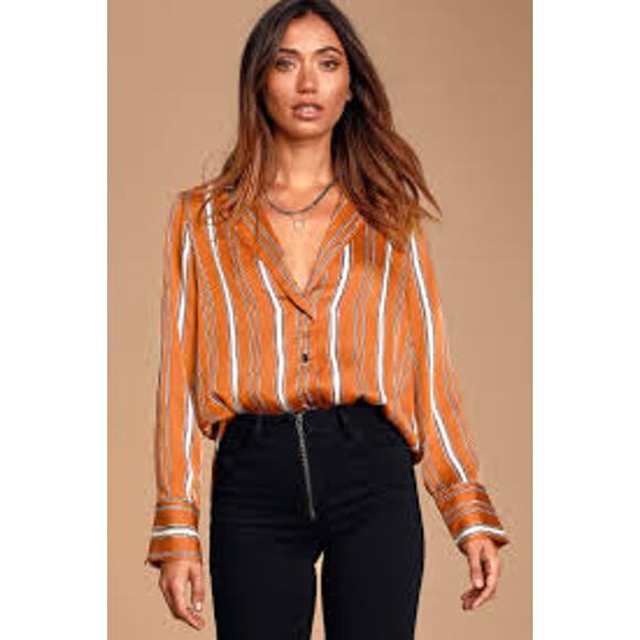 Lulus Kairi Rust Orange Striped Satin Long Sleeve Button-Up Top - Small - Picture 1 of 8